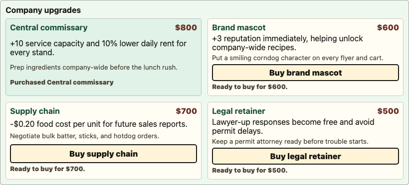 Corndog Millionaire company upgrades including central commissary, brand mascot, supply chain, and legal retainer.