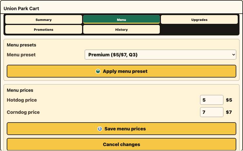 Corndog Millionaire menu pricing panel with premium presets, hotdog price, corndog price, and save controls.