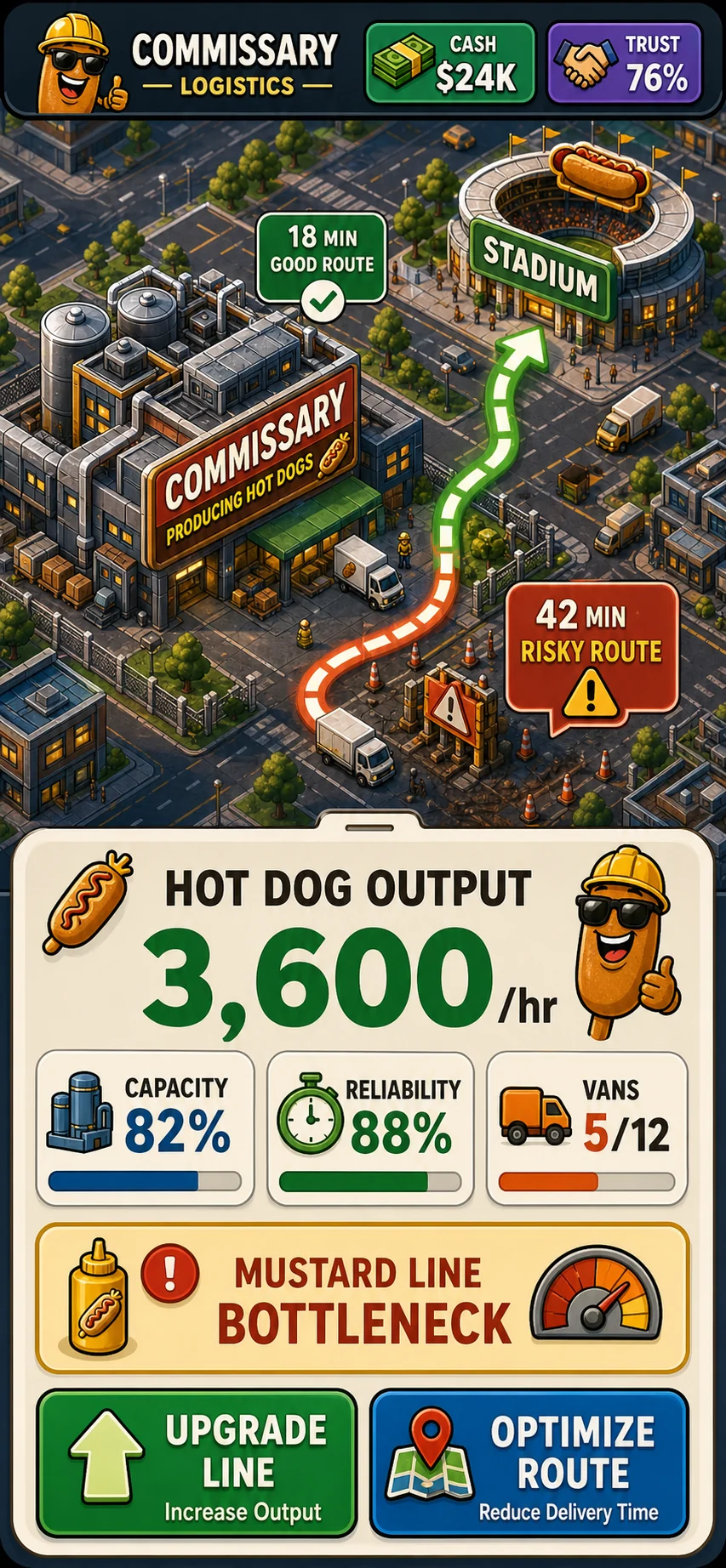 Mobile Corndog Millionaire commissary logistics render showing route time, stadium delivery, hot dog output, capacity, reliability, and vans.